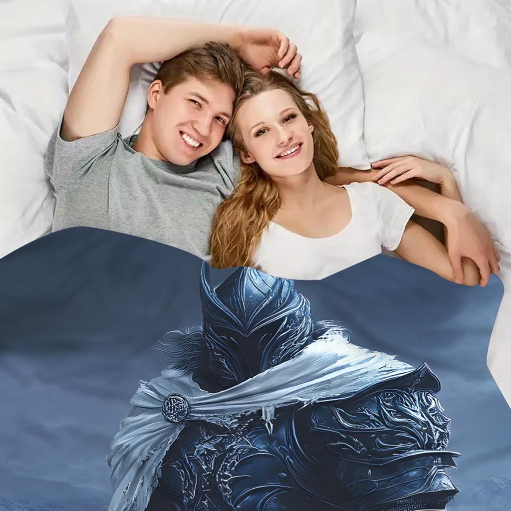 1pc Ice Knight Digital Printed Design Pattern Blanket - All-Season Soft Flannel Throw with 3D Armor & Sword Art Design, Mixed