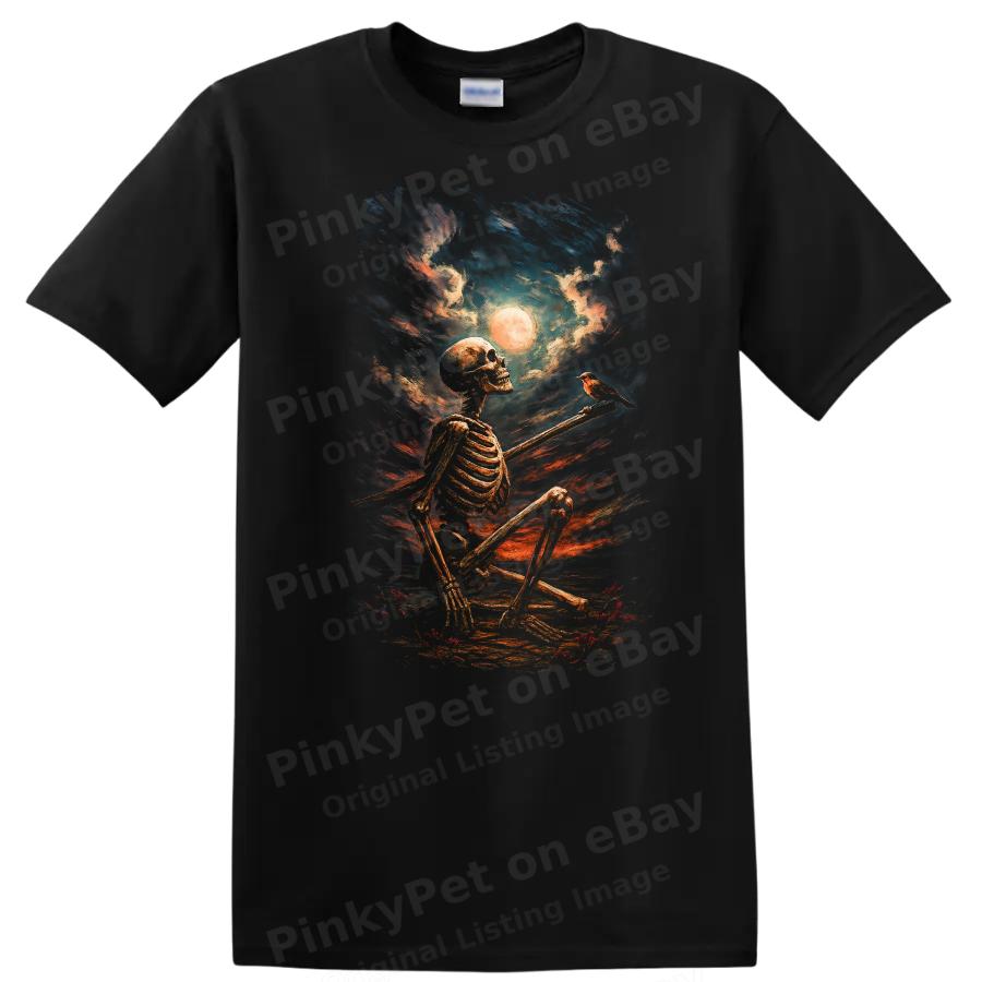 Skeleton Sitting W/ Bird Moonlit Night Art T Shirt Vintage Graphic Tee