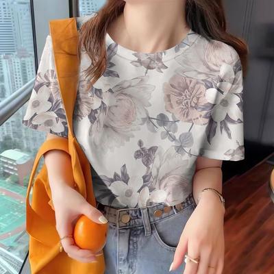Summer New T-shirt Women's Clothing Loose Casual Short Sleeve Fashion Print Elegant Top Round Neck Half Sleeve Women's T-shirt