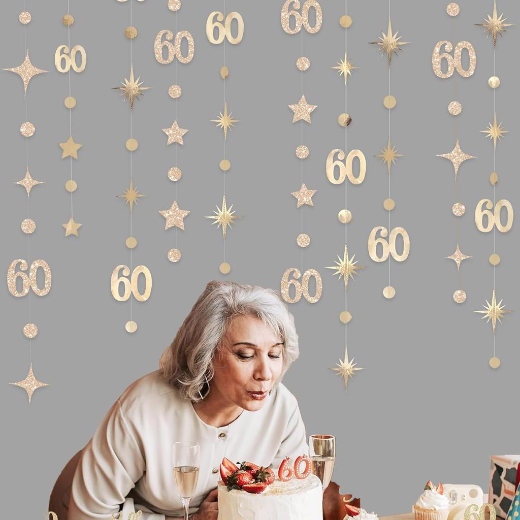 Champagne Gold 60th Birthday Decorations Number 60 Circle Dot Star Garland Metallic Streamer Banner for Women Mens Cheers to 60 Years Old Birthday