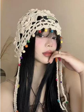 Fashion Handwoven Hollow Baotou Hat Women'S Crochet Ethnic Style Tassel Ear Protector Strap Sleeve Knitted Hat