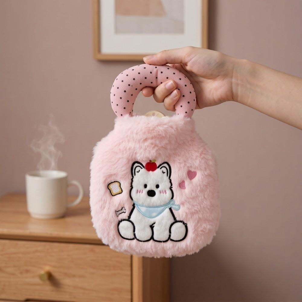 Plush Cartoon Hand Warmers Dog Embroidery Hot Water Bag Portable Water-filling Bottle Female
