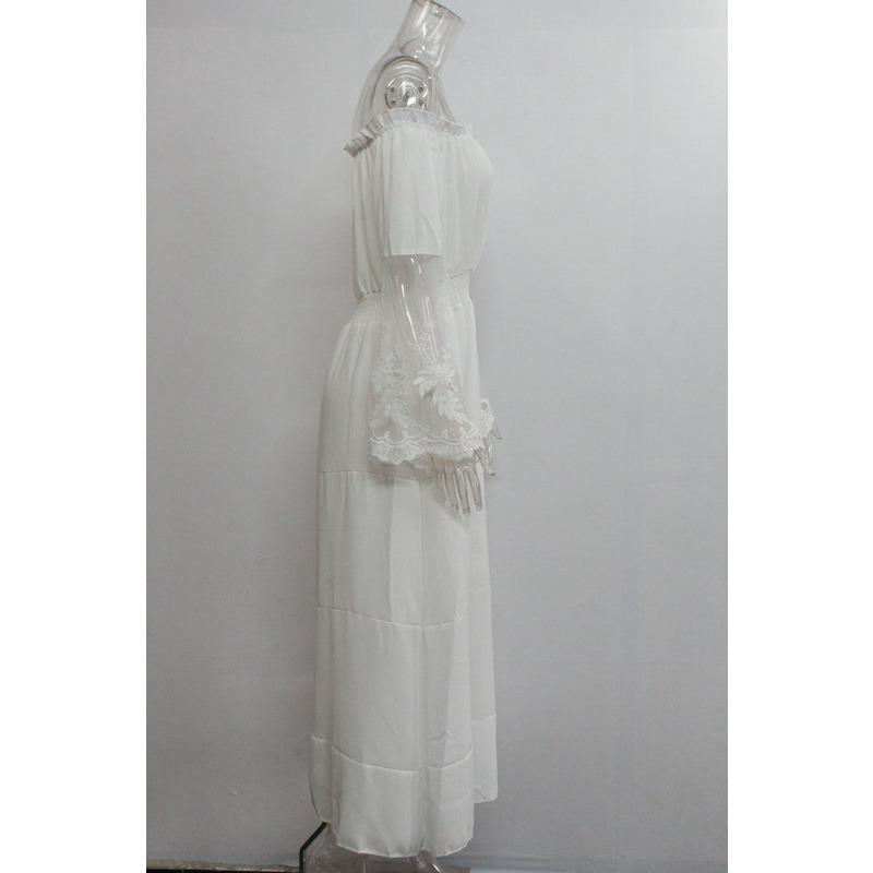 Women's White Chiffon Lace Jacquard Off-Shoulder Evening Gown - Elegant Long Dress for Wedding & Formal Events