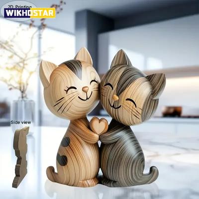 Träskulptur för kattungepar, charmig 2D-platt kattentusiast, present, ljus och mörk träådring, skrivbordsinredning, heminredning