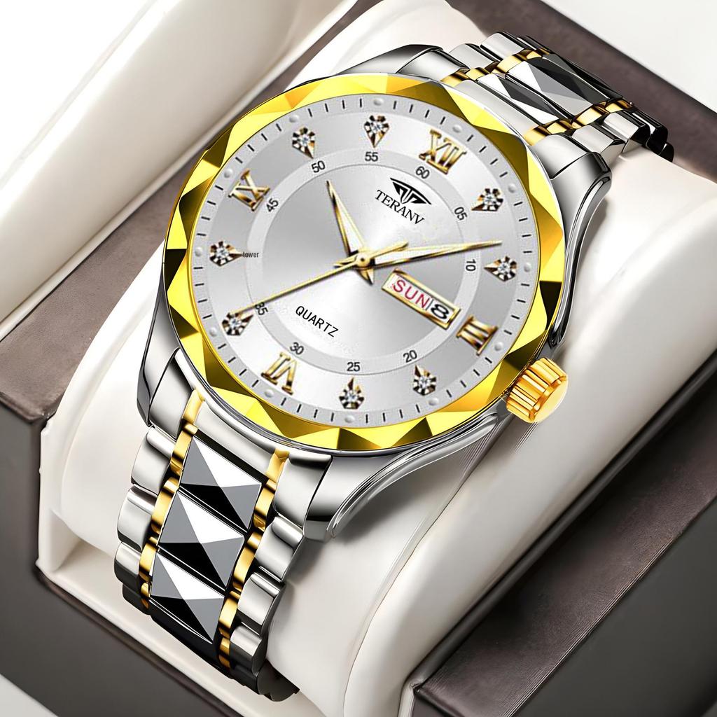 Men's Luminous Waterproof Quartz Watch with English-Chinese Calendar and Rhombus Case