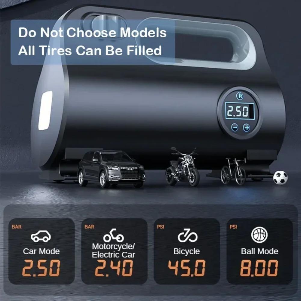 Portable Vehicle Air Compressor, 12 V DC, Tire Inflator, Digital Pressure Gauge, LED Light, Car, Motorcycle, Bicycle, Ball