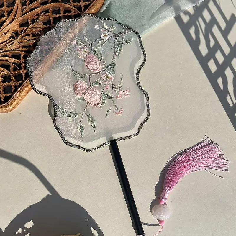 Chinese Style Hanfu Ancient Fan Dance Shooting Long Handled Embroidered Classical Double Sided Fan Female Decorative Fan