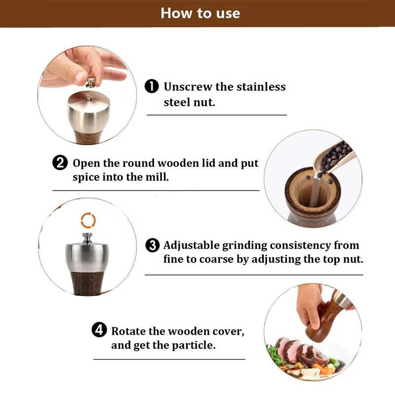 1 Pc Beech Wood Salt and Pepper Mill Set Pepper Mill with Ceramic Mechanism Adjustable Salt Grinder Refillable Spice Tools YY080