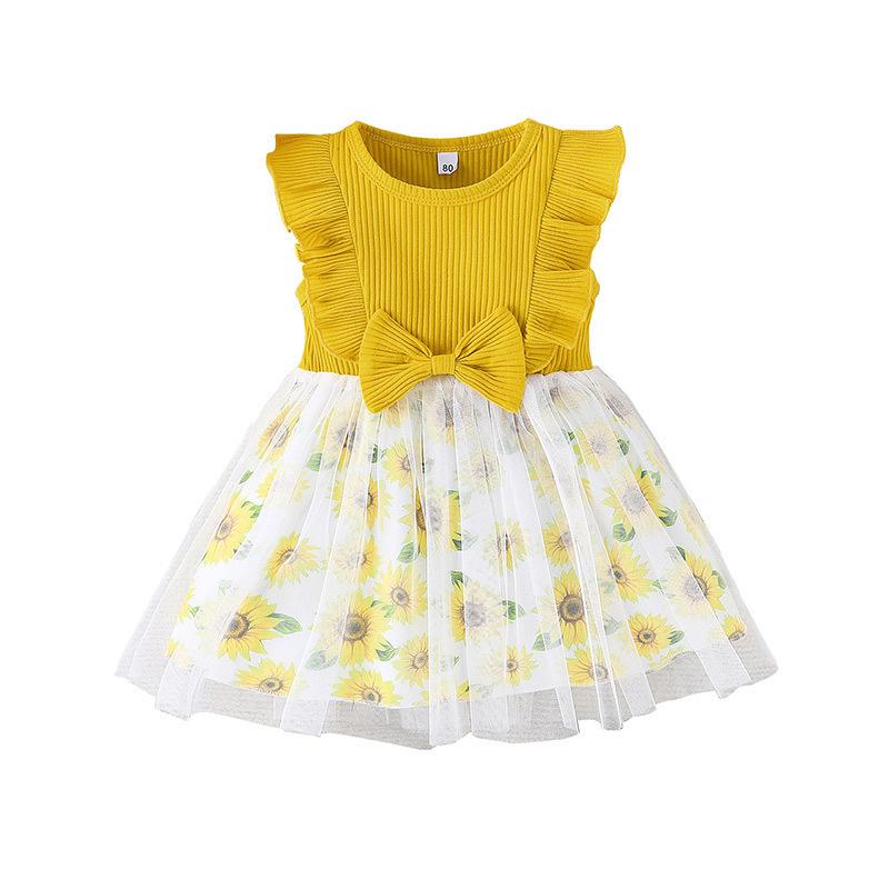 Nowe ubrania dla dzieci w wieku 1-3 lat, dziewczęce, bez rękawów, siateczkowa spódniczka, słodka sukienka z kokardką dla niemowląt, styl letni