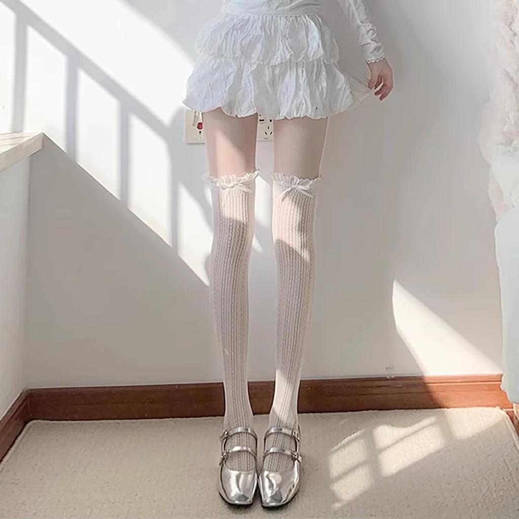 Women Summer Hollow Out Mesh Breathable Stockings Jk Lolita Lace-Trimmed Long Tube Socks Sweet Girls Over Knee Sock Pantyhose