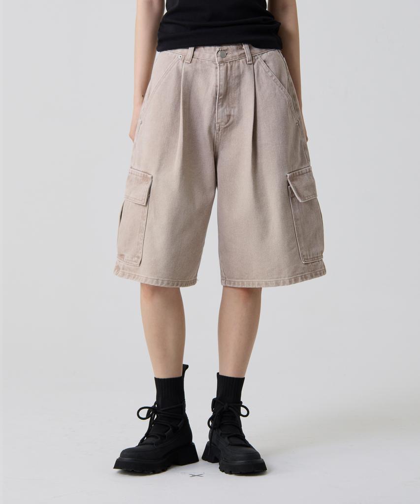UNKNOWN PLANET Bermuda Wide One-Pleat Washed Cargo Shorts Vintage Beige