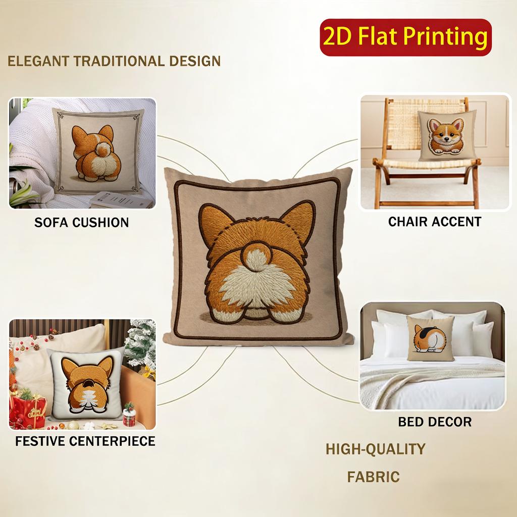 2D Cute Corgi Designs: Front & Rear Views Pillow Covers Pattern Cushion Cover Suitable For Sofa Bedroom Car Pillow Cover