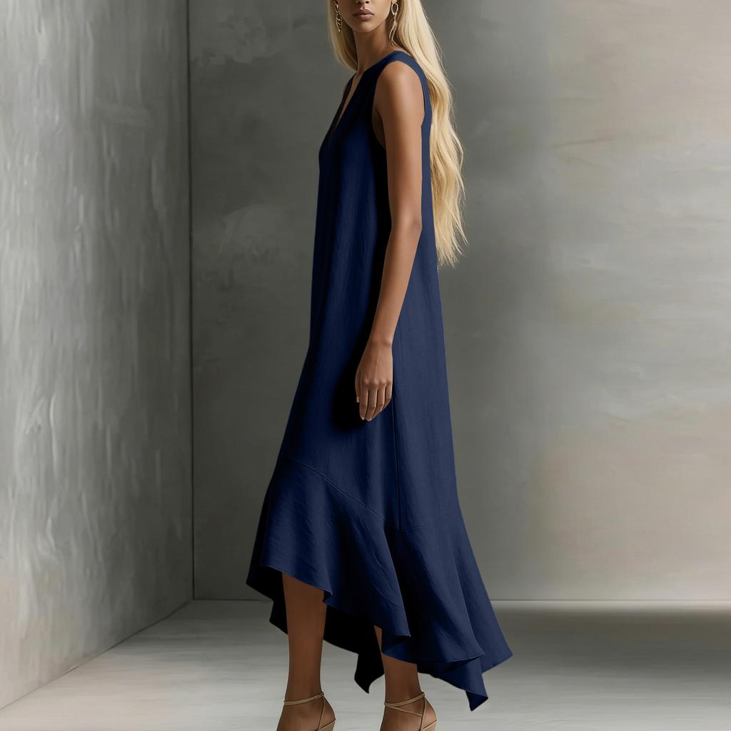 Sleeveless V Neck High Low Hem Maxi Dress for Women Loose Fit Flowy Lightweight Fabric Elegant Style