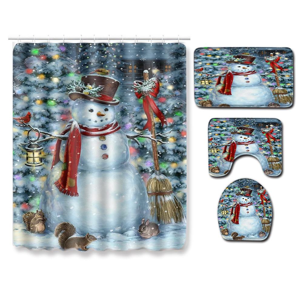 Christmas Shower Curtain Floor Mat Combination Four-Piece Set Bathroom Toilet Carpet Shower Room Mat Foot Mat