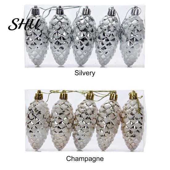 Pine Cone Hanging Ornament 5Pcs Christmas Plastic Colorful Shiny Glitter Pendant for Holiday Party Classic Shape Scene Layout Tree Decoration