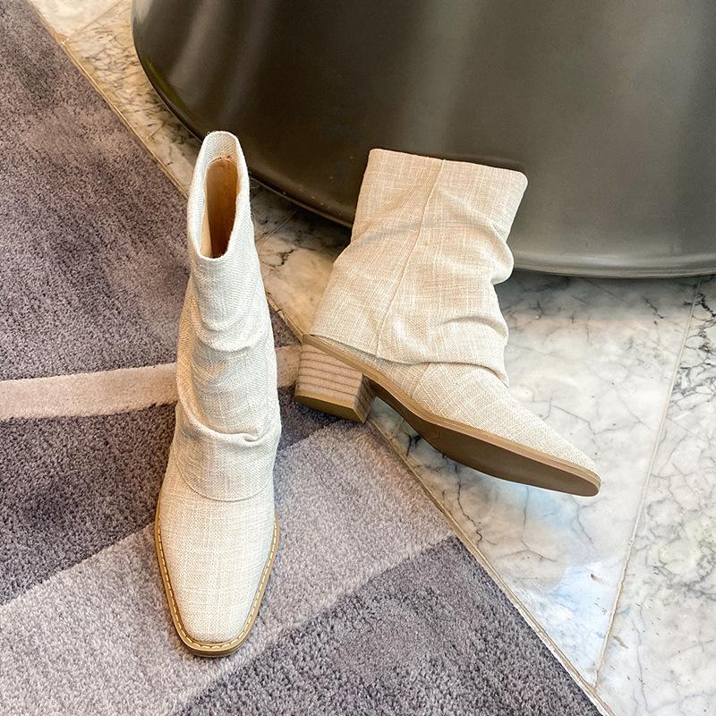 Versatile niche early summer flanged short tube linen cotton pleated short boots square head middle heel thin leg stacking boots