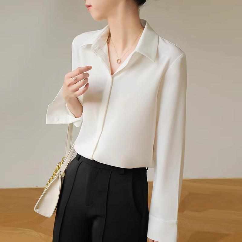 Women's Ash Blue Satin Long Sleeve Shirt - Retro Hong Kong Style, Spring Commute, Concealed Placket, Versatile Drapey Blouse