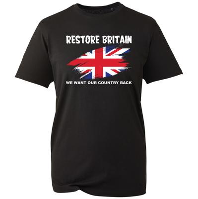 Restore Britain Union Jack T Shirt Unisex UK Flag Patriot Slogan Graphic Tee Black