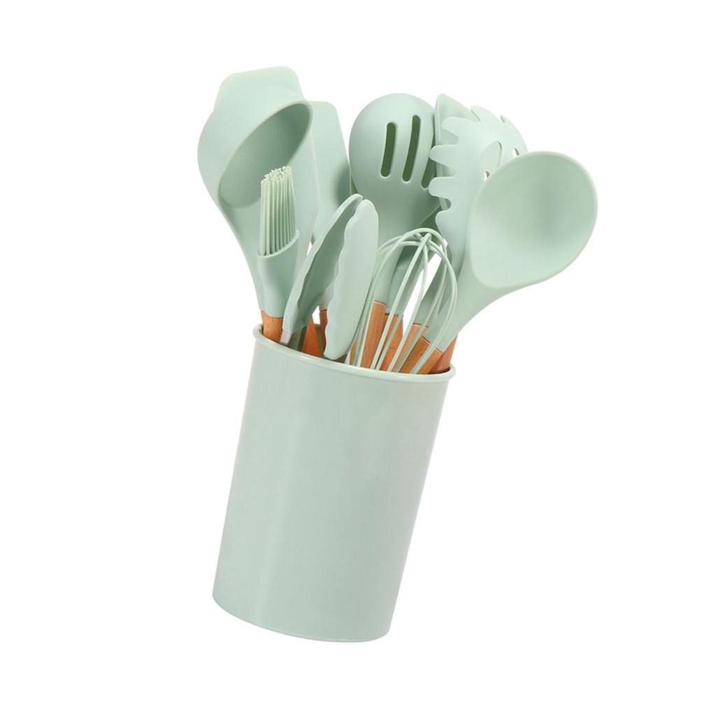 11 Pcs Silicone Kitchenware Set Heat Proof Wooden Handle Kitchen Utensils Set with Storage Bucket