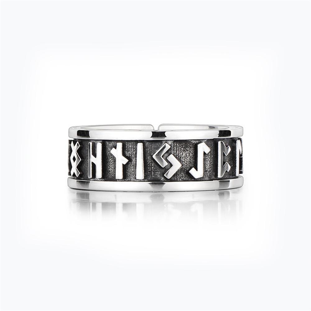 Retro Norse Futhark Vikings Runes Opening Ring Antique Silver Color Jewelry for Men Women Scandinavian Amulet