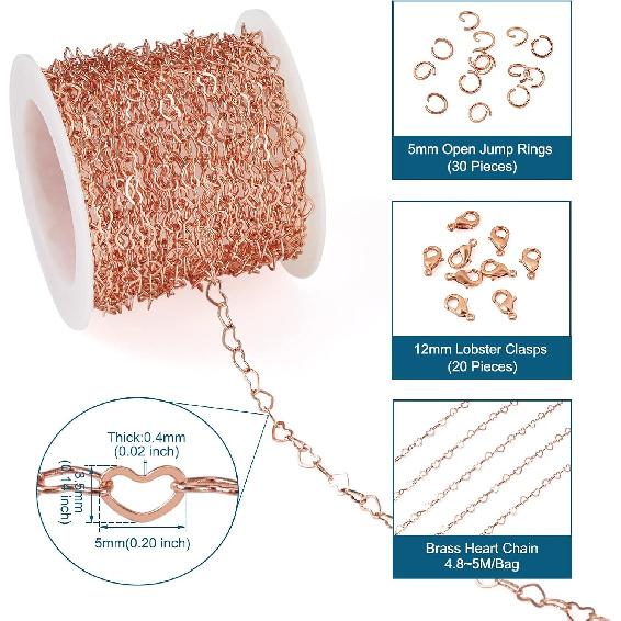 Pandahall 15.7-16.4 Feet Rose Gold Heart Link Chains 5x3.5x0.4mm Soldered Brass Love Heart Cable Chains Spool with 20Pcs Lobster Claw Clasps 30Pcs