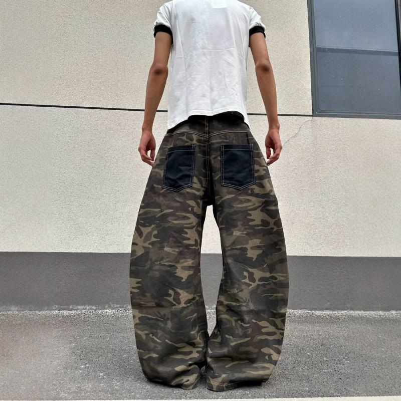 Herren lockere Camouflage gewaschene Jeans mit aufgesetzter Tasche, geradem Bein, lässige Jeans