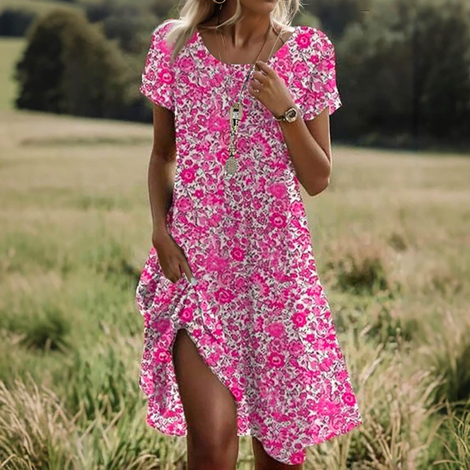 

Платье в стиле бохо с коротким рукавом для женщин, повседневное, свободного кроя, летнее, сарафан с цветочным принтом и карманами L