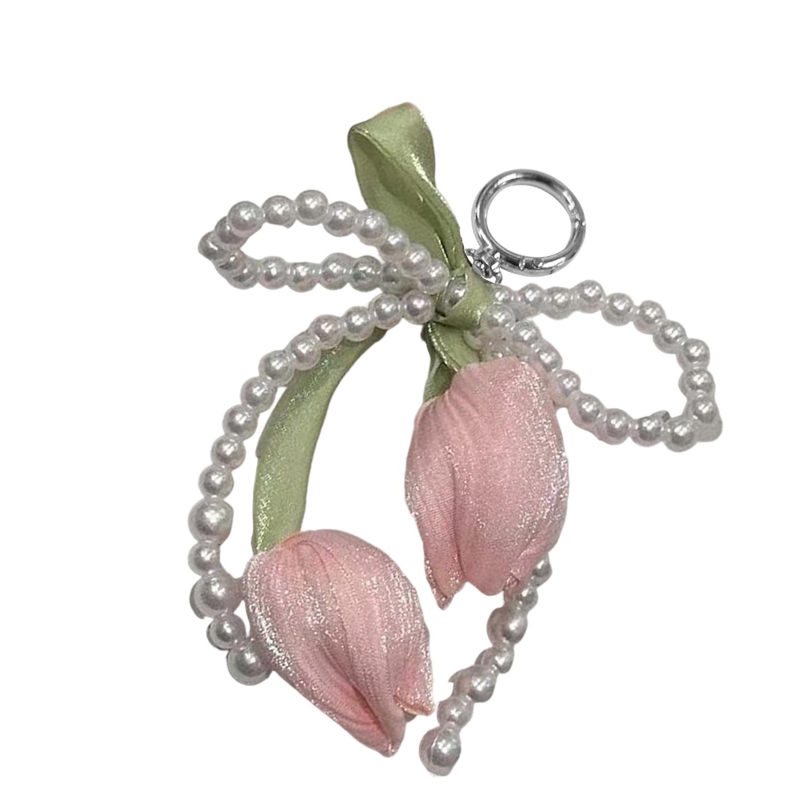 

Decorative Braided Keychain Adorned Tulips Bowknot Charm Keyring Bag Decoration Backpack Handbag Purse Accessories рожевий