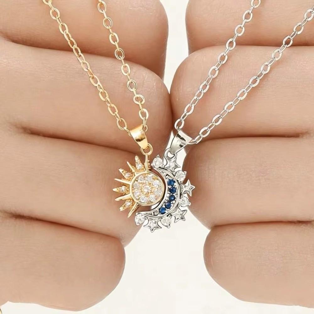2Pcs Set Sun Moon Necklace Stainless Steel Couple Necklace Set for Anniversary
