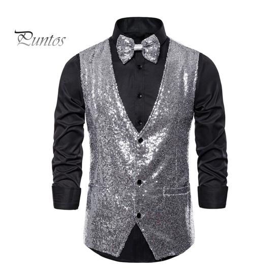 

Мужской жилет с V-образным вырезом, без рукавов, однобортный жилет для выступлений на сцене с карманами, облегающий блестящий галстук-бабочка с пайетками, свадебный выпускной жилет XXL серебряный