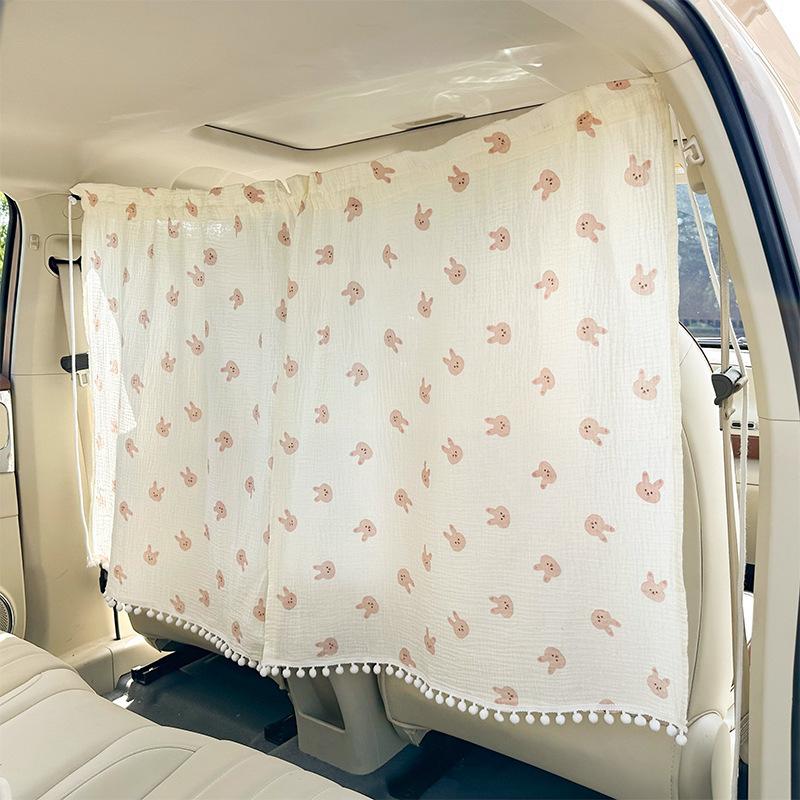 Double cotton gauze car partition curtain Cartoon bear rabbit car privacy curtain summer sun shield