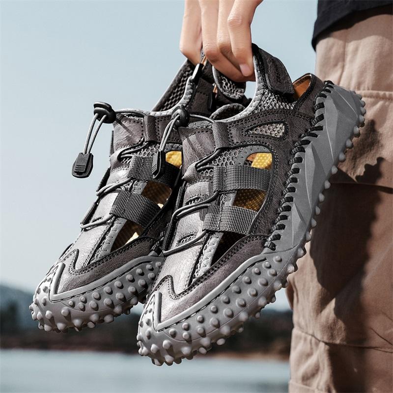 Breathable Soft Mesh Sandals Hand-stitching Men's Beach Flats New Male Sandals Summer Outdoor Leisure Hollow Out Shoes