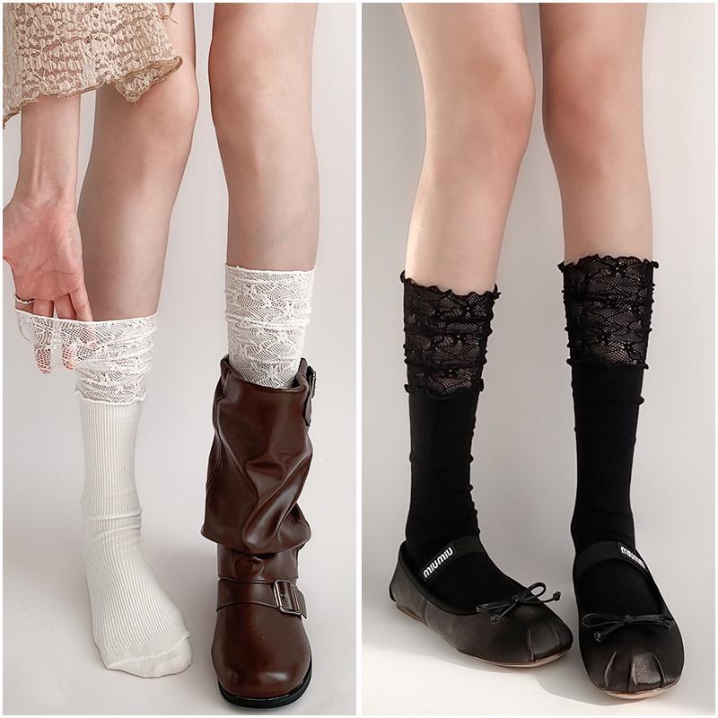 Women's White Calf Socks, Summer Thin Lace, Long Ballet Style Over-the-Knee Black Socks, Perfect for Boots