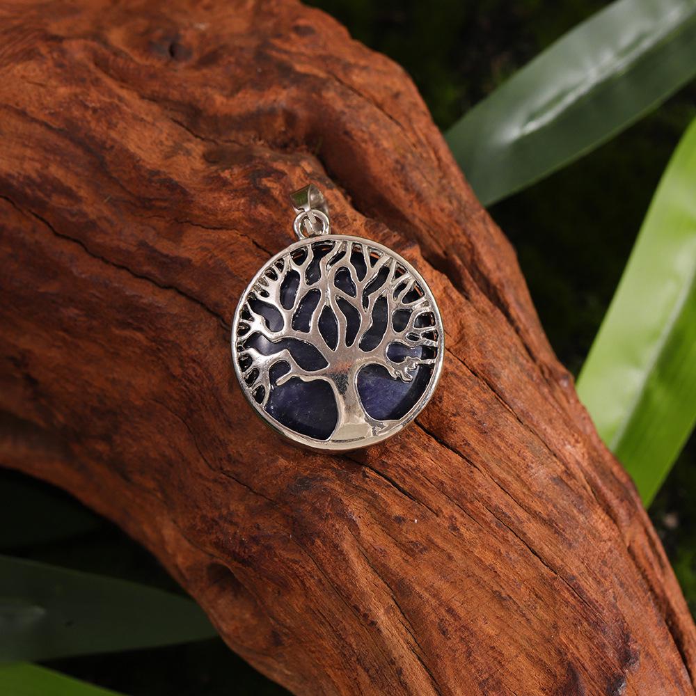 Cross Hollow Life Tree Pendant: Natural Crystal Agate Money Tree Necklace, Natural Stone Round Wishing Tree Pendant.