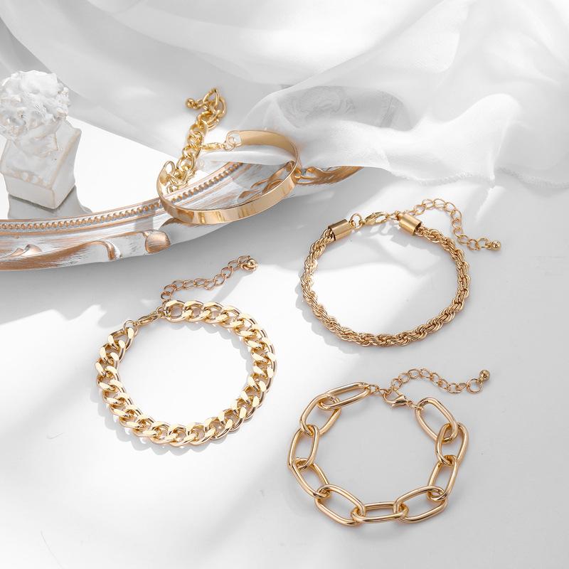 4Pcs Chunky Gold Stackable Bracelet Set Paperclip Curb Twisted Chain Smooth Bangle Minimal Layering Wrist Jewelry for Women