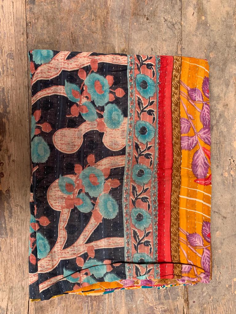 Hand-Stitched Floral Kantha Quilt: Reversible Indian Cotton Throw