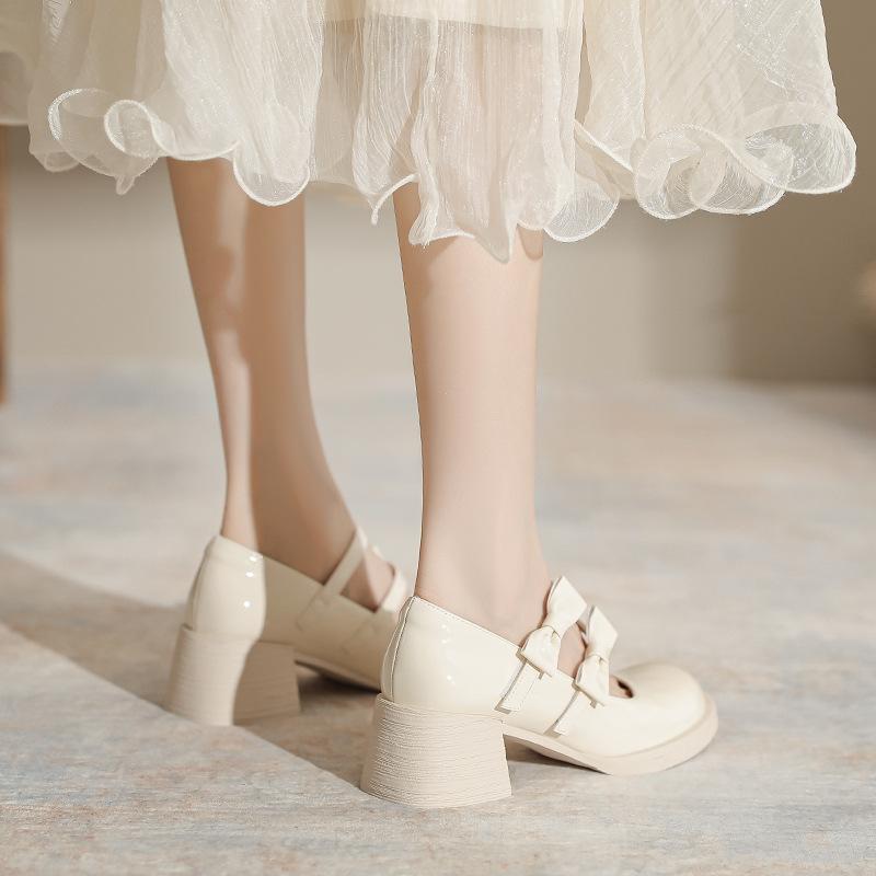 French beautiful high-heeled Mary Jane shoes women's 2025 early spring new round head thick heel bow college style jk single shoes
