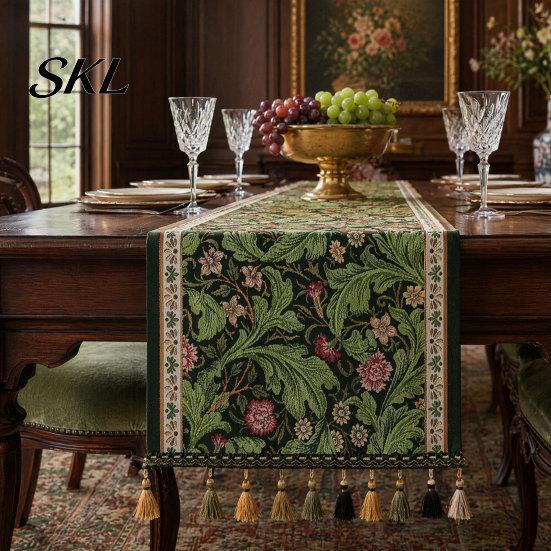 Elegant Dining Table Decor Jacquard Floral Runner, Vintage Peony Farmhouse Runner with Tassels for Home Wedding Party Tassel Edge