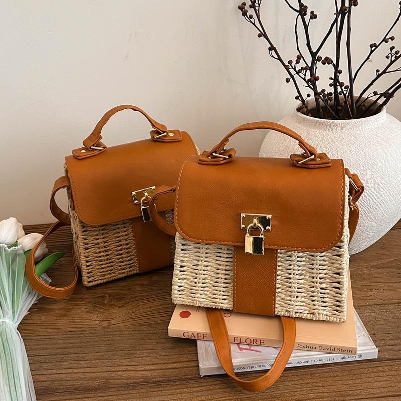 Schoolbag Women's Straw+Leather Handbag Summer Rattan Bag Handmade Woven Beach Bohemia Shoulder Bag Lady Mini Small Square Bag Khaki Tote