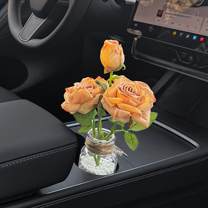 Romantischer Auto-Lufterfrischer-Strauß, Künstliche Rose mit Perle, Geeignet für Getränkehalter, Autovase, Auto-Innendekoration
