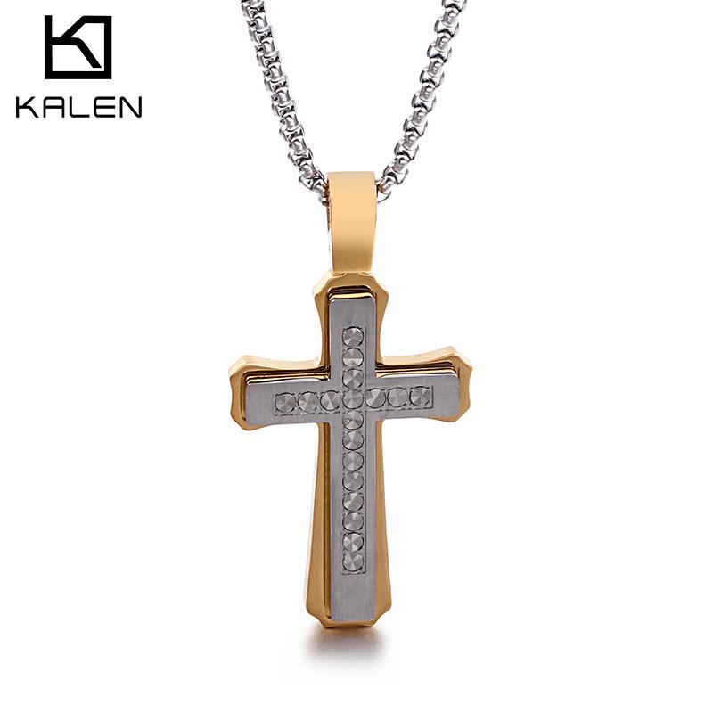 Kalen 4 Colors Cubic Zirconic Cruz Pendant Necklace Men's Street Cross Stainless Steel Jewelry Rock Cool Boy Accessories Gift