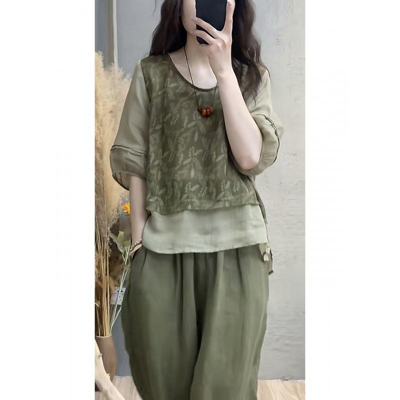 Damen 2024 Sommer Baumwollleinen Set: Bedrucktes Patchwork-Oberteil & Schlankmachende Haremshose Zweiteiler