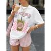 T-shirt Estiva con Stampa Fragola e Matcha Bevanda al Matcha Freddo Testo Rosa Grafica Donna Oversize Casual per Uso Quotidiano