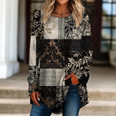 Camicette da donna Moda Casual Taglie Forti Maniche Lunghe Girocollo Stampa Retro T-Shirt Top