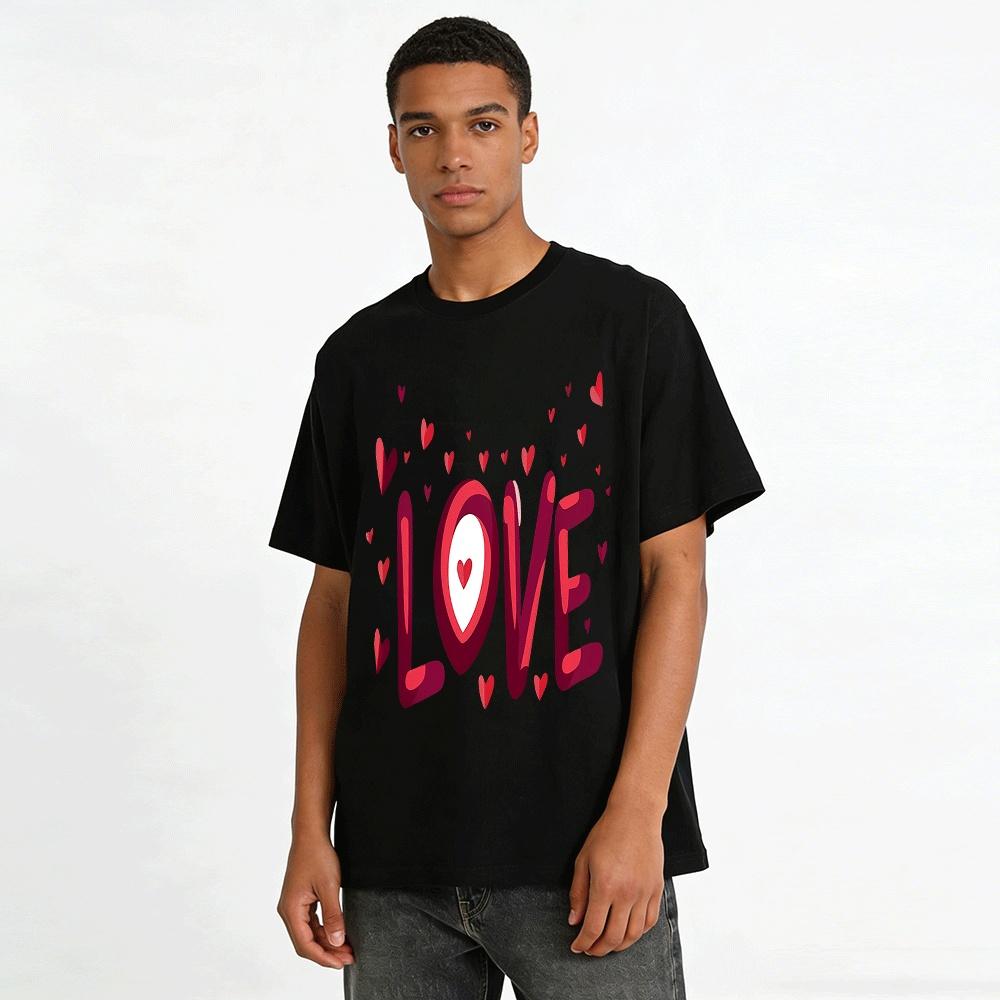 Love Heart Print Casual Couple Style Crew Neck Short Sleeve T-Shirt Pure cotton T-shirt