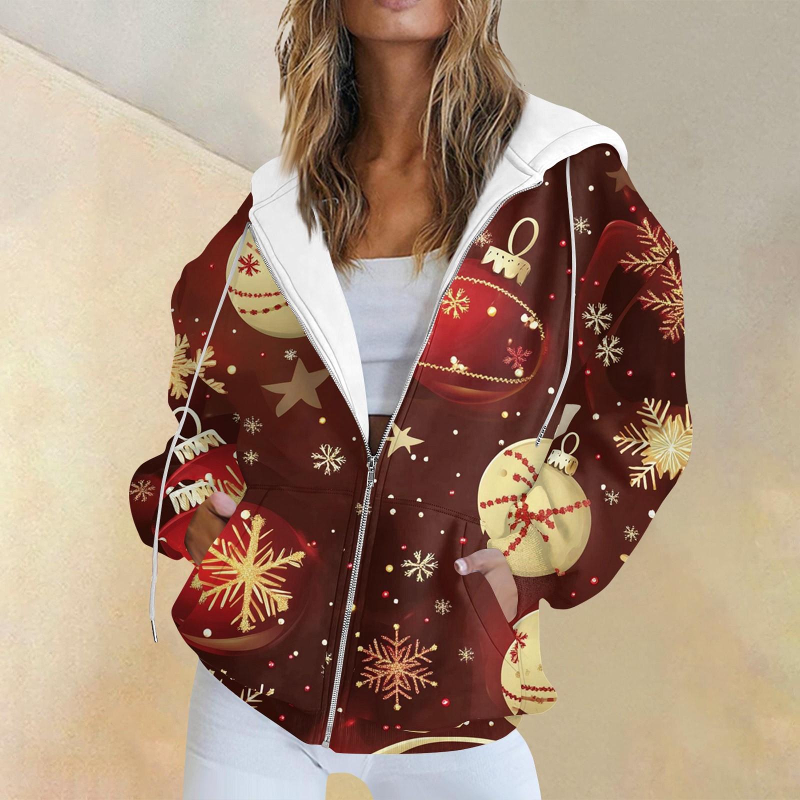 

Женская повседневная рождественская печатная толстовка на осень и зиму с длинными рукавами и карманом на молнии с капюшоном XL