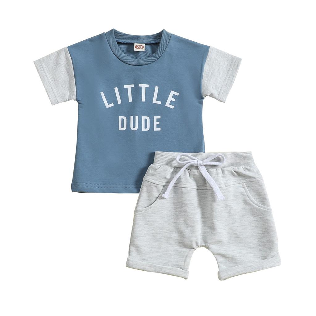 Summer Children's Wear Crewneck Letter-printed Top Solid Color Shorts Two-piece Set