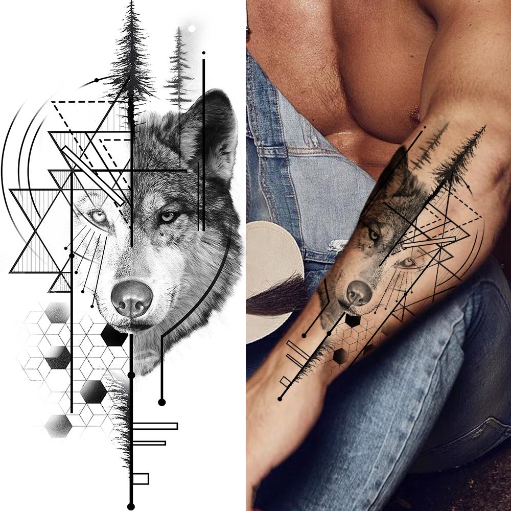 Geometry Owl Temporary Tattoo For Women Fake Wolf Tiger Deer Triangle Tatoo Sticker Black Moon Flower Body Art Tattoos Paper