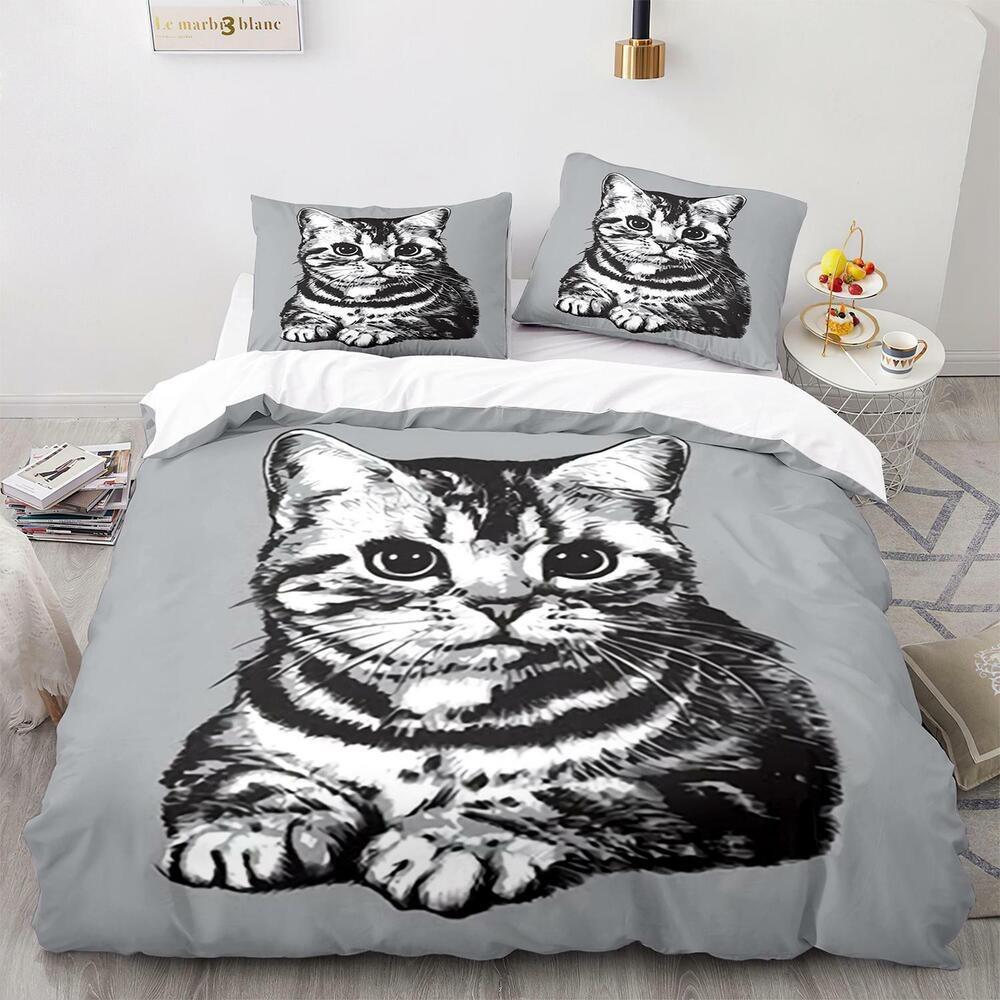 Set Biancheria da Letto 3D per Gatti King Queen Copri Letto Federa 2/3 Pezzi Animale Carino Morbido Copertura Regalo Letto Singolo Letto Matrimoniale