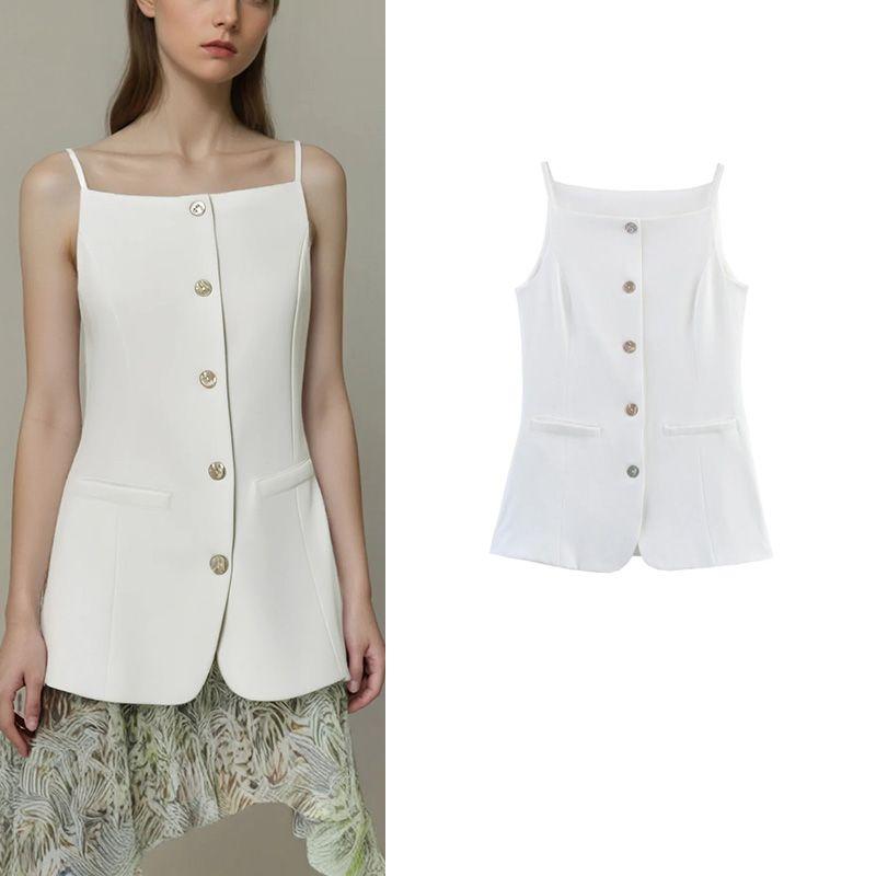 Summer New Product Women's Clothes Commute Style Square Collar Sleeveless Single Breasted White Suspender Mid Length Long Length Vest Jacket